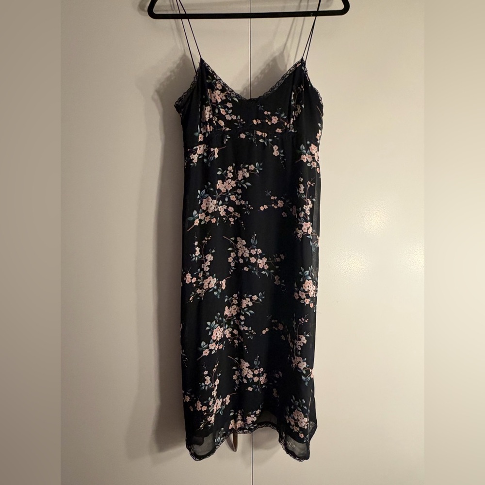 Zara Black Floral Slip Dress with Pink Blossom Print